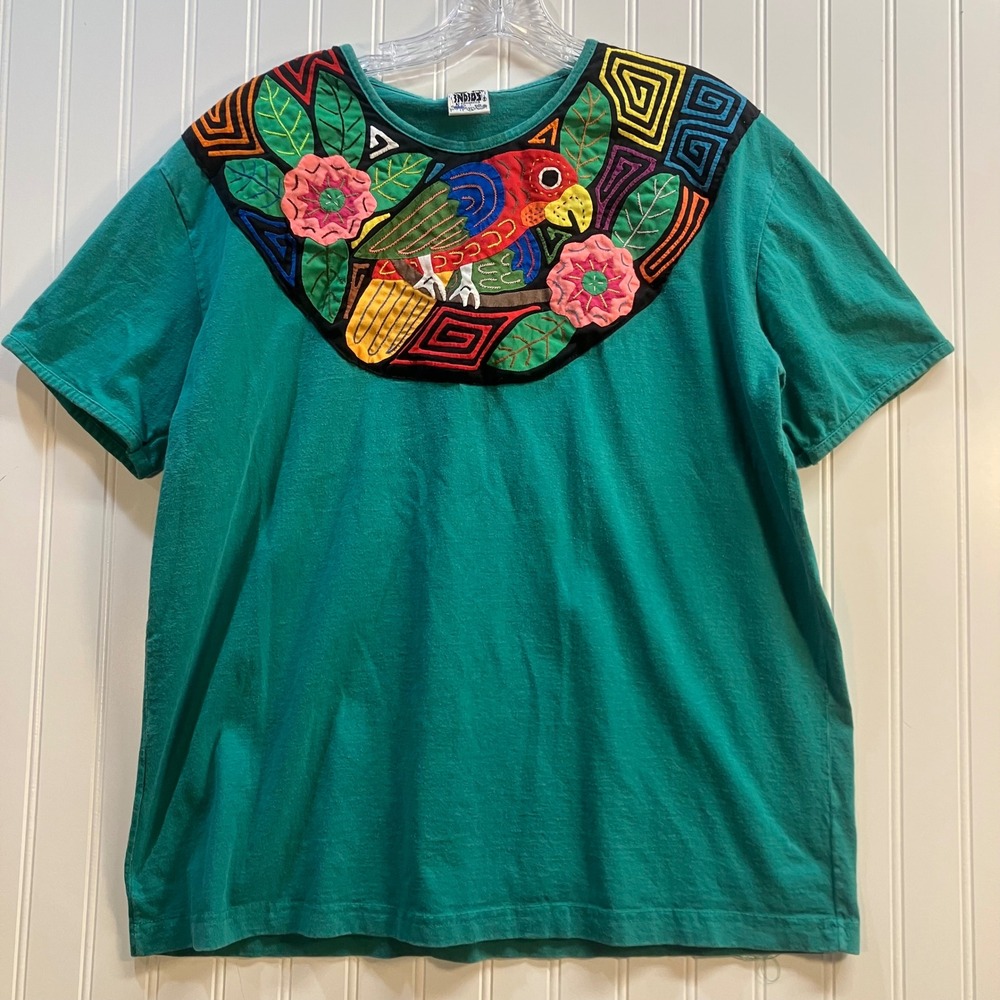 Indios by Siamarmola Womens XL Teal Mola Parrot Hand Made T-Shirt Costa Rica - Picture 2 of 7